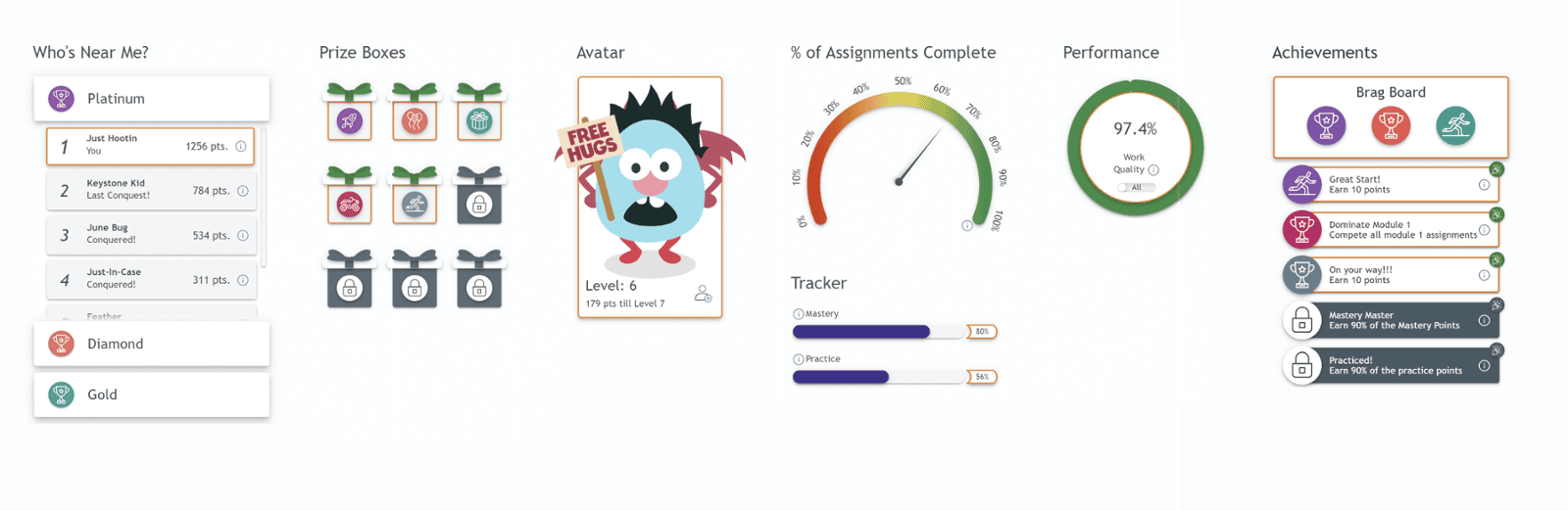 Engagement Builder widgets: Who's Near Me alias leaderboard, prize boxes, an avatar, a percent-complete gauge, a performance ring, and achievements.