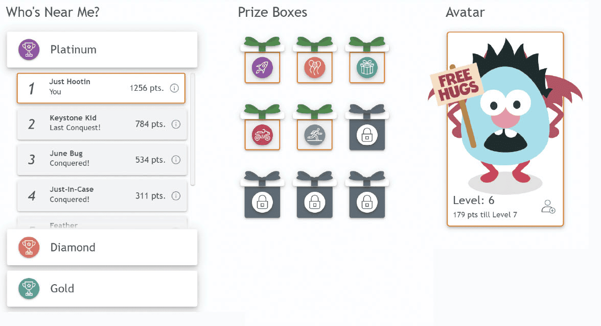 Who's Near Me alias leaderboard, prize boxes, and a student avatar.