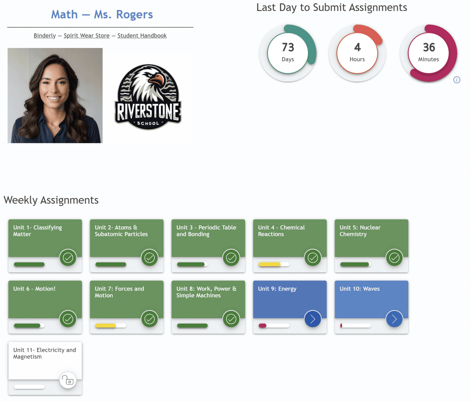 The same kind of Canvas course with Delphinium on: a course home with teacher photo, a countdown to the last day to submit, and color-coded weekly unit cards with progress bars.