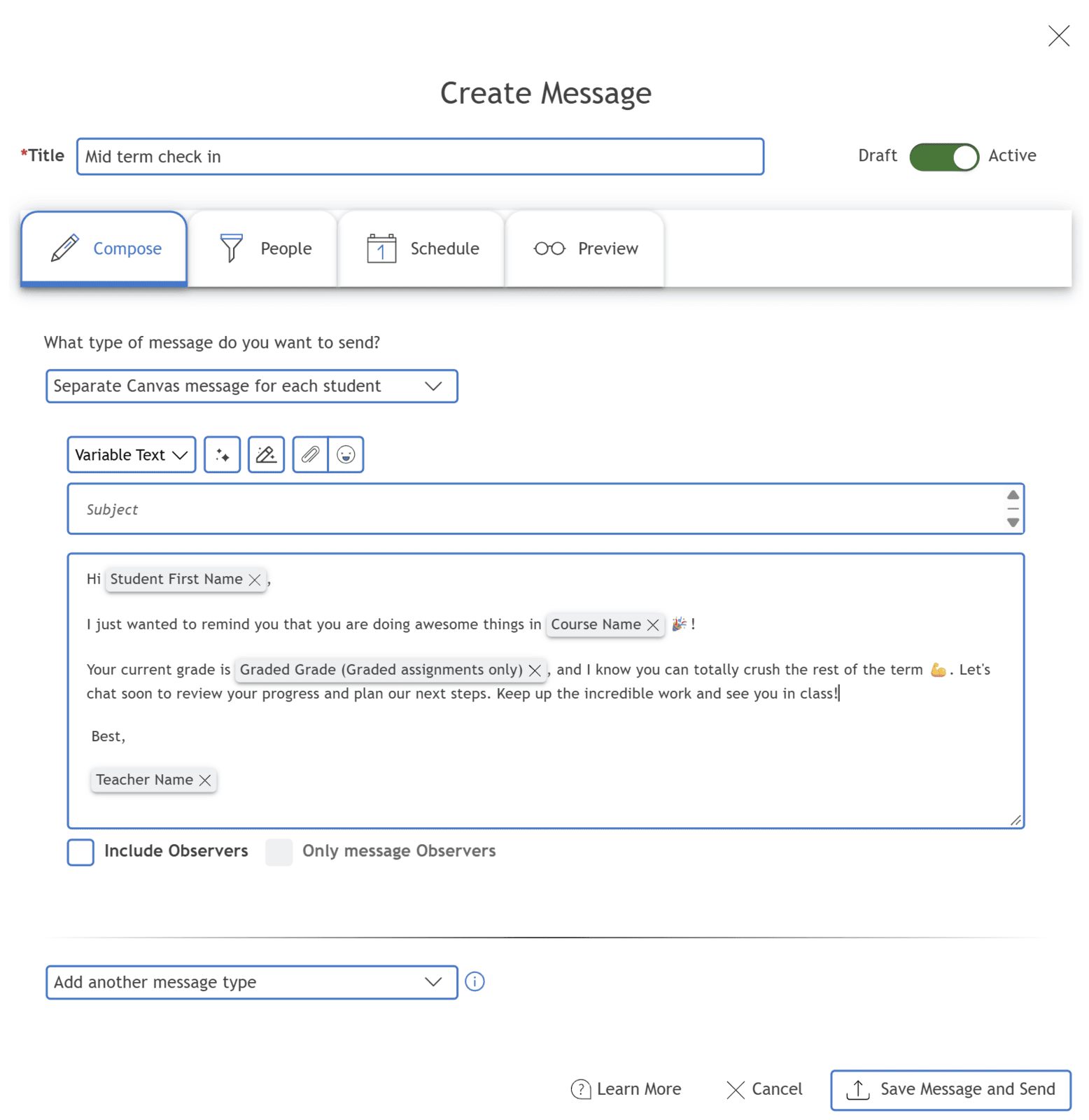 Create Message window for personalized outreach, with a supportive note to students and an option to include observers.